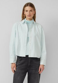 Vrouw met recht lichtbruin haar, gekleed in een lichtblauwe coltrui, een wit-blauw gestreept overhemd met knopen, en zwarte jeans.