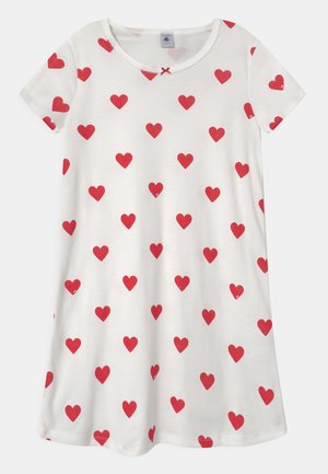 Short-sleeve dress in white cotton with an all-over pattern of red hearts, featuring a rounded neckline and a small bow accent.