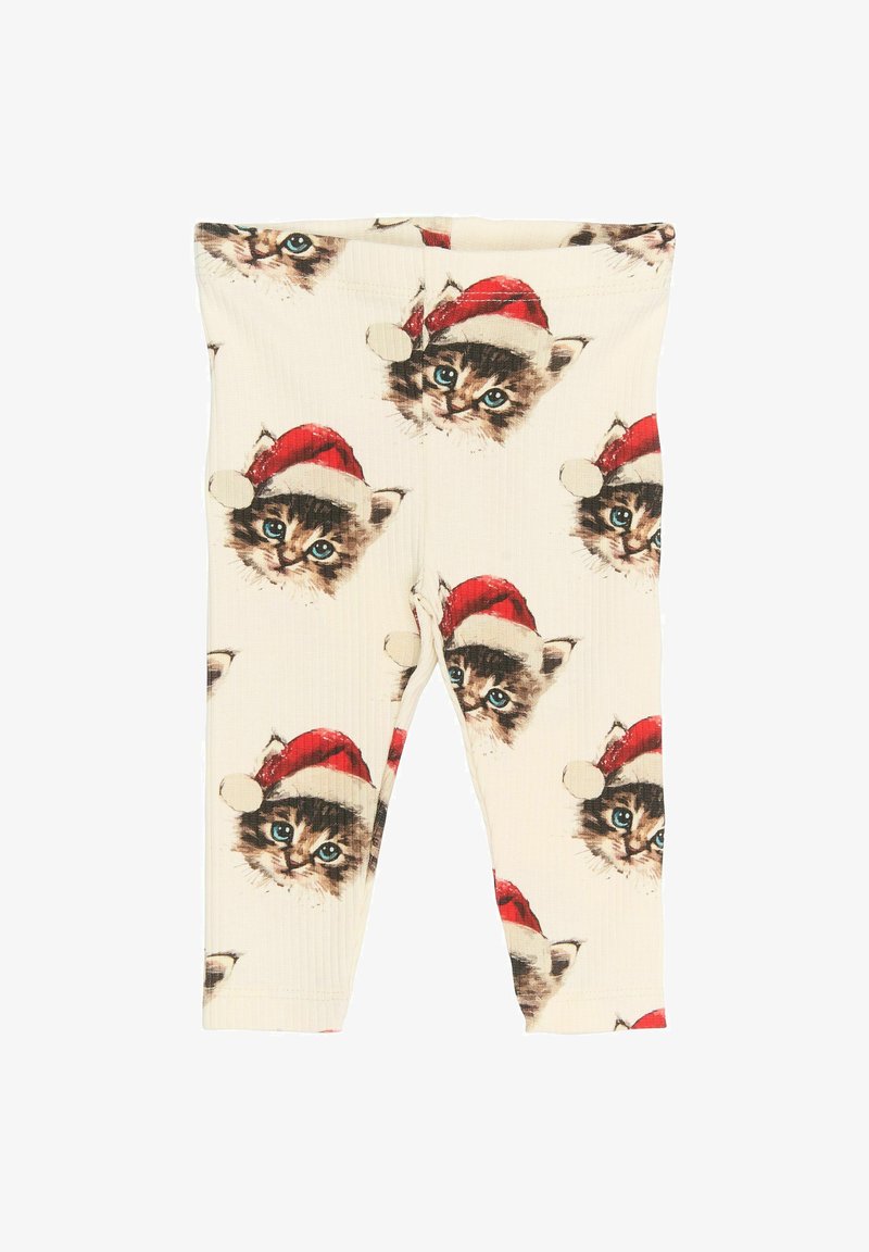 Katoenen legging met een ribbelstructuur en een herhaald patroon van katten met rode kerstmutsen op een crèmekleurige achtergrond.