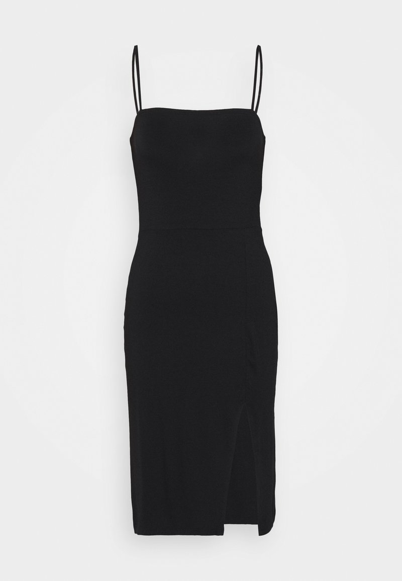Robe midi noire sans manches avec fines bretelles doubles aux épaules et une fente devant sur le côté droit.