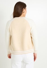 Suéter beige y crema con un material texturizado y esponjoso, mangas raglán y dobladillo de canalé a rayas. Vista trasera, sobre un fondo blanco.