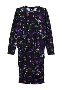 Svart långärmad klänning med livfullt blommönster i lila, gult och grönt. Har en rynkad midja och mjuk tygstruktur.