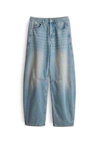 Helle blaue Denim-Jeans mit lockerer Passform, hoher Taille und geradem Bein. Sie verfügen über dezente Ausbleichungen und gestickte Akzente auf der Vorderseite.