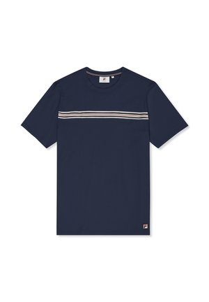 Navyblauw T-shirt met korte mouwen, witte, rode en grijze horizontale strepen over de borst en een klein merklogo op de zoom.