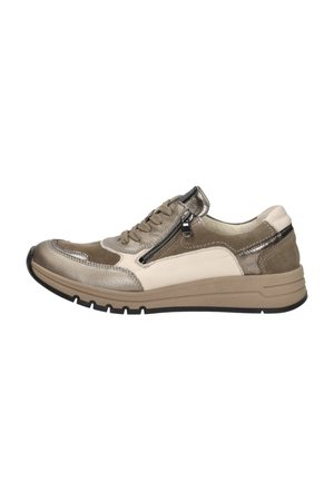 Beige en metallic lage sneaker met veters, zijrits, gewatteerde zool en gestructureerde panelen voor casual gebruik.