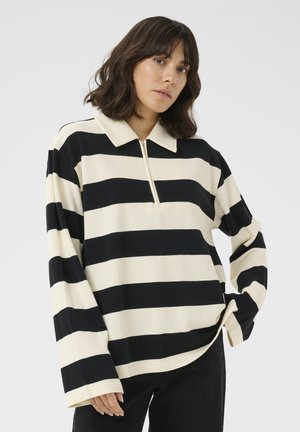 Striped pullover with long sleeves, featuring alternating black and cream stripes, a collared neckline, and a quarter zip front.