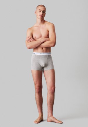 Boxer ajustados de algodón grises con una cinturilla blanca que presenta el logo de Calvin Klein, exhibidos en un modelo con una postura erguida.