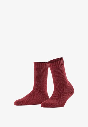 Pair of ribbed, dark red wool socks standing upright against a white background, showing toe and cuff details.