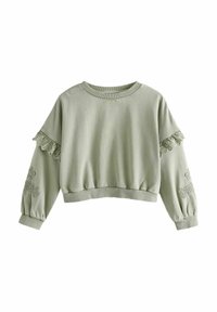 Hellgrüner, verkürzter Kapuzenpullover mit geripptem Halsausschnitt und Bündchen. Verfügt über bestickte Blumen an den Ärmeln und Spitzenakzente an den Schultern.