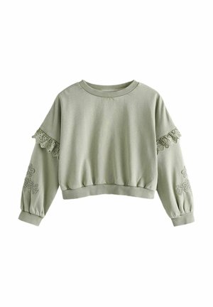 Hellgrüner, verkürzter Kapuzenpullover mit geripptem Halsausschnitt und Bündchen. Verfügt über bestickte Blumen an den Ärmeln und Spitzenakzente an den Schultern.