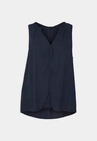 Navy blue sleeveless blouse with V-neck and front pleated detail, flowy fit, and slightly longer back hem.