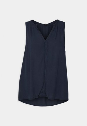 Navy blue sleeveless blouse with V-neck and front pleated detail, flowy fit, and slightly longer back hem.