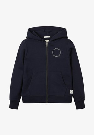 Navy blauwe zip-up hoodie van katoen, met een logo op de voorkant, twee zijzakken en ribgebreide boorden en onderkant.