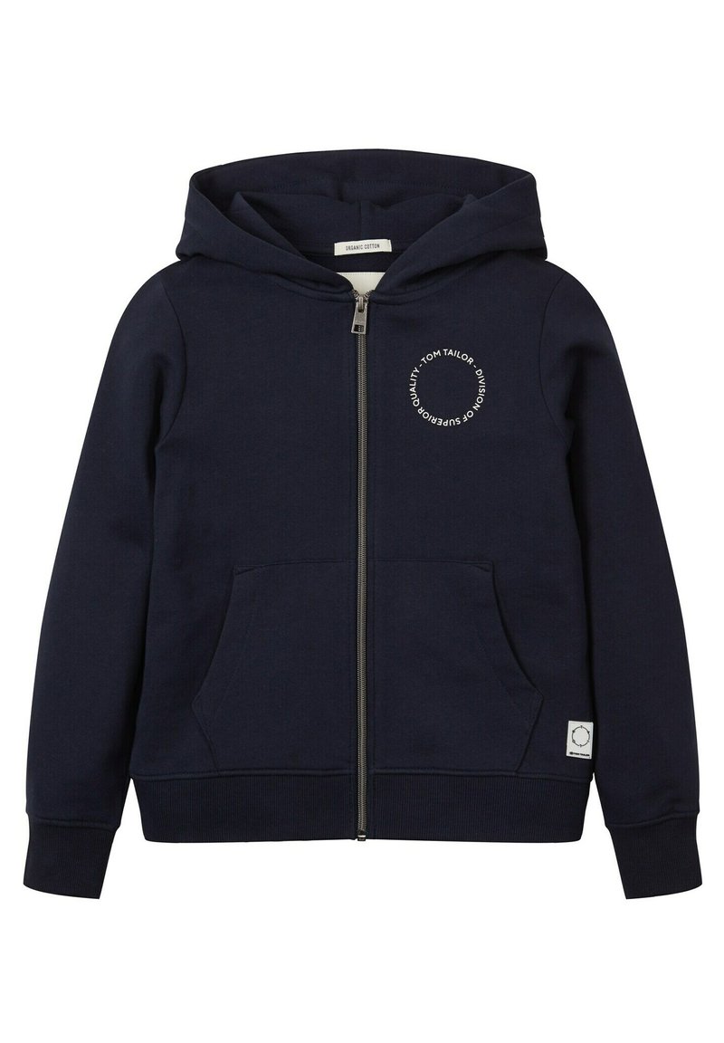 Navyblaues Zip-Hoodie aus Baumwolle mit einem Logo-Druck auf der Vorderseite, zwei seitlichen Taschen sowie gerippten Bündchen und Saum.