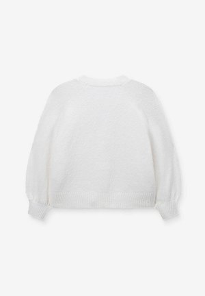 White long-sleeve fuzzy sweater with ribbed cuffs and hem, shown from the back on a plain light background.