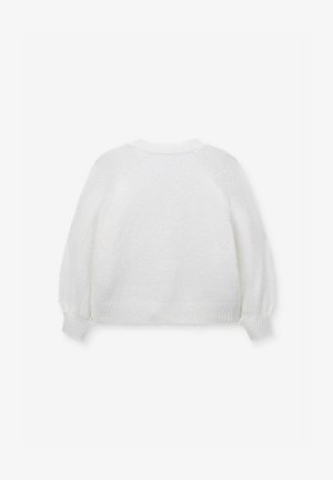 White long-sleeve fuzzy sweater with ribbed cuffs and hem, shown from the back on a plain light background.