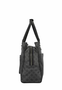 Borsa tote in pelle grigia con finitura texturizzata, doppi manici neri, chiusura con zip superiore e tasca laterale. Presenta un motivo con logo su tutta la superficie.