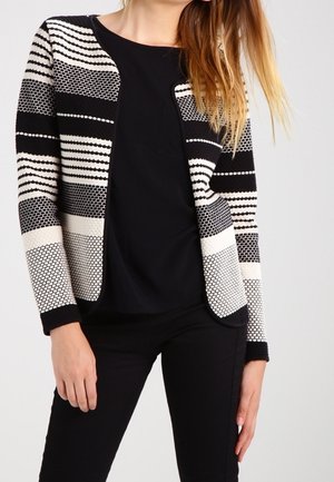 Vrouw draagt een zwart-wit gebreid vest met patroon over een zwarte top en zwarte broek, staand tegen een effen achtergrond.
