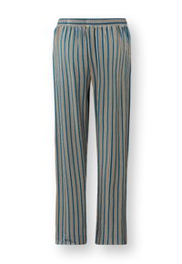 Blauwe gestreepte broek met verticale lijnen in crèmekleur en bruin. Elastische tailleband met een comfortabele pasvorm en een recht model. Lichtgewicht stof.