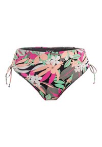 Blomsterbikiniunderdel med svart bakgrund, prydd med mönster i rosa, grönt och krämfärgat, med sidband och hög midja.