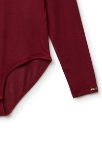 Bodysuit z długim rękawem w burgundowym kolorze, wykonany z bawełny, charakteryzujący się dopasowanym krojem, zapięciem na napy u dołu oraz małym złotym akcentem logo na rękawie.