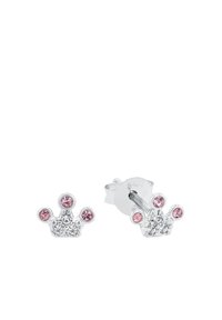 Orecchini a forma di corona in argento con gemme rosa e trasparenti. Presentano tre punte arrotondate nella parte superiore e una superficie texture.