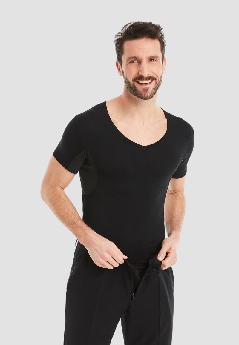 Black short-sleeve t-shirt with a deep v-neck, made of a soft, stretchy material, featuring contrasting side panels for a fitted design.