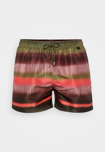 Plavalne kratke hlače s črtastim vzorcem v zelenih, roza in rjavih odtenkih, z strukturo tkanine in elastičnim pasom z vrvico.