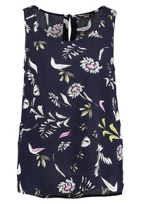 Top bez rękawów w kolorze granatowym z białym, różowym i żółtym kwiatowym wzorem. Lekka tkanina z okrągłym dekoltem i detalem w postaci otworu z tyłu.