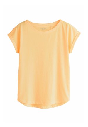 Lys orange kortærmet t-shirt med løs pasform, op rullede ærmer og rund halsudskæring, vist på hvid baggrund.