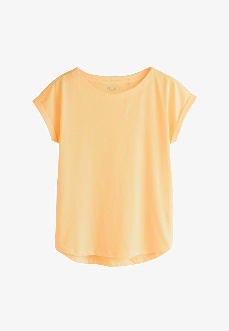 Lys orange kortærmet t-shirt med løs pasform, op rullede ærmer og rund halsudskæring, vist på hvid baggrund.