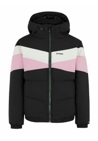 Veste noire matelassée avec fermeture éclair à l'avant, présentant des rayures en chevron blanches et roses sur la poitrine et une capuche avec cordons réglables.