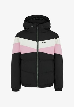 Veste noire matelassée avec fermeture éclair à l'avant, présentant des rayures en chevron blanches et roses sur la poitrine et une capuche avec cordons réglables.