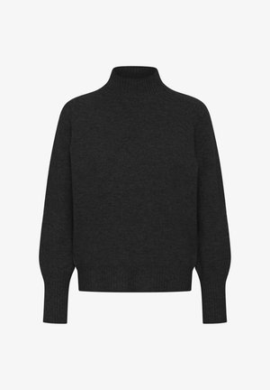 Mørkegrå rullekrave-trøje i blødt strikket materiale. Har ribstrikkede ærmekanter og kant nederst, med en afslappet pasform og minimalistisk design.