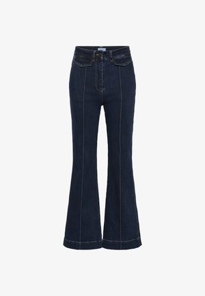 Jeans a zampa d'elefante in denim scuro con vita alta, featuring cuciture a contrasto, cinque tasche e chiusura frontale con bottone.