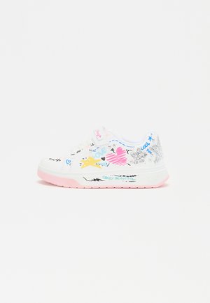 White sneaker with colorful doodles in pink, blue, yellow, and glitter accents. Features a velcro strap and pink sole with text details.