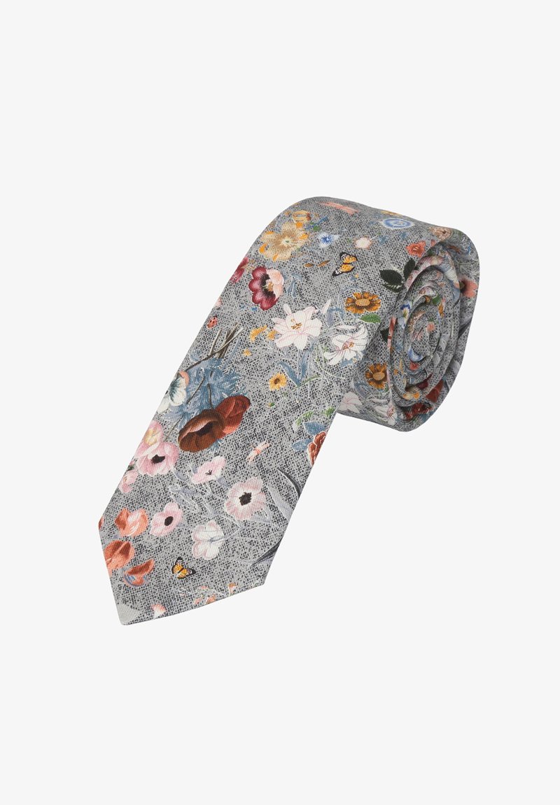 Blumenfliege aus grauem Stoff, mit verschiedenen bunten Blumen und Schmetterlingen. Die Fliege ist glatt, schmal und für die Präsentation aufgerollt.