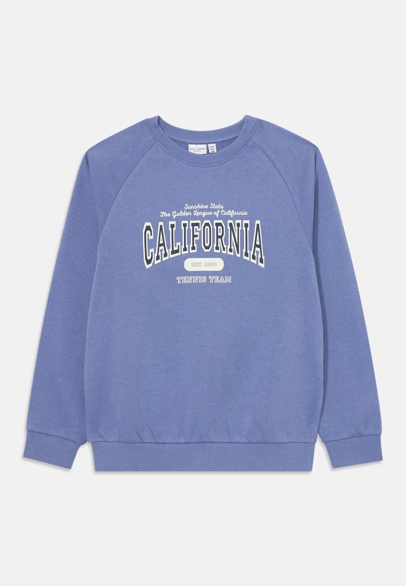 Sudadera de cuello redondo azul con texto blanco "Equipo de Tenis de California" y "Estado del Sol La Liga Dorada de California" en el frente.