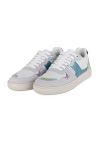 Weiße Sneakers mit Mesh- und Wildlederpaneelen. Ausgestattet mit hellblauen, grünen und lila Akzenten. Gummisohle mit lässigem Schnürdesign.