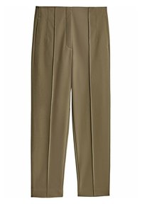 Pantalon kaki à la coupe ajustée, avec des plis à l'avant, deux poches latérales et une texture lisse.