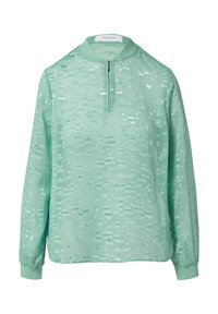 Mintgrünes Langarmshirt mit einem Reißverschluss-Hochkragen, strukturiertem Oberflächen und elastischen Bündchen. Leichtes, durchsichtiges Material mit einem dezenten Muster.