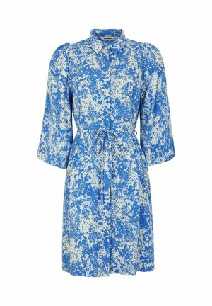 Blau-weiß gesprenkeltes Kleid mit langen Ärmeln, Knopfleiste, tailliertem Schnitt und weichem Stoff. 