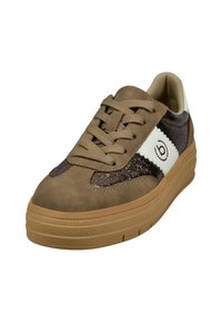 Brown suede and mesh sneaker with a thick rubber sole, featuring khaki laces and a white side panel with a logo. Rounded toe design.