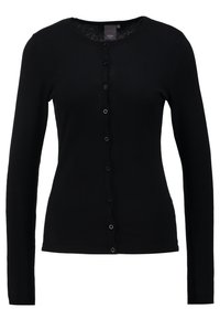 Cardigan nero a maglia con maniche lunghe, scollatura rotonda e chiusura frontale con bottoni. Presenta una texture liscia e una leggera elasticità.