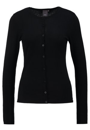 Zwarte gebreide cardigan met lange mouwen, ronde halslijn en knoopsluiting aan de voorkant. Heeft een soepele textuur en subtiele rek.