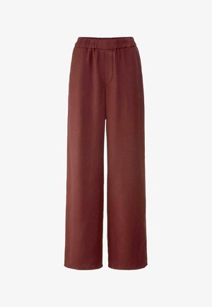 Braune weit geschnittene Hose mit einem elastischen Bund, hergestellt aus einem leichten Stoff. Sie verfügt über eine vordere Nahtdetails und einen lässigen Schnitt.