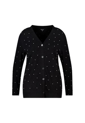 Cardigan noir à col en V, orné de perles blanches dispersées sur le tissu. Confectionné dans un matériau doux, fermeture à boutons.