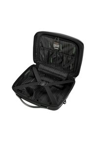 Borsa per laptop nera con chiusura a zip, dotata di scomparti interni, strap elastiche e una foderatura in tessuto morbido con un sottile motivo a righe.