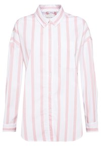 Light pink and white striped button-up shirt, long sleeves, single chest pocket, collar, made of a smooth fabric.