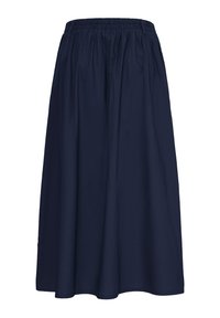 Gonna midi blu navy con vita elasticizzata arricciata, tessuto morbido e leggere pieghe, progettata per un uso casual o formale.